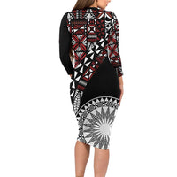 Red Tongan Ngatu Fonulei Pattern Family Matching Long Sleeve Bodycon Dress and Hawaiian Shirt LT9 - Polynesian Pride