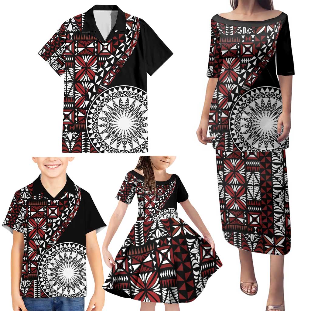 Red Tongan Ngatu Fonulei Pattern Family Matching Puletasi and Hawaiian Shirt