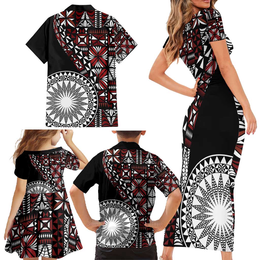 Red Tongan Ngatu Fonulei Pattern Family Matching Short Sleeve Bodycon Dress and Hawaiian Shirt LT9 - Polynesian Pride