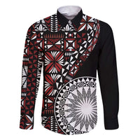 Red Tongan Ngatu Fonulei Pattern Family Matching Short Sleeve Bodycon Dress and Hawaiian Shirt LT9 Dad's Shirt - Long Sleeve Red - Polynesian Pride