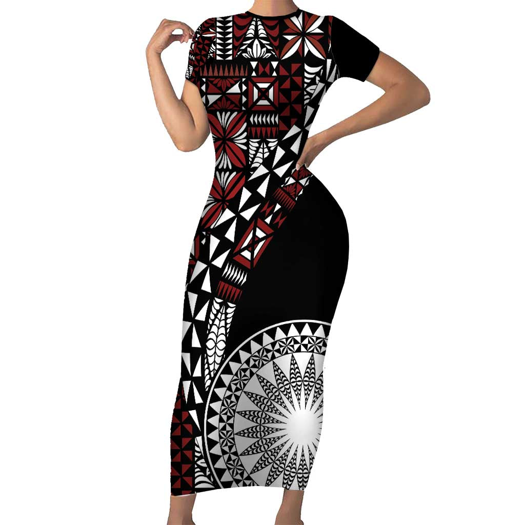Red Tongan Ngatu Fonulei Pattern Family Matching Short Sleeve Bodycon Dress and Hawaiian Shirt LT9 Mom's Dress Red - Polynesian Pride