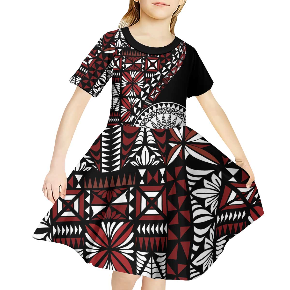 Red Tongan Ngatu Fonulei Pattern Kid Short Sleeve Dress