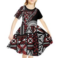 Red Tongan Ngatu Fonulei Pattern Kid Short Sleeve Dress