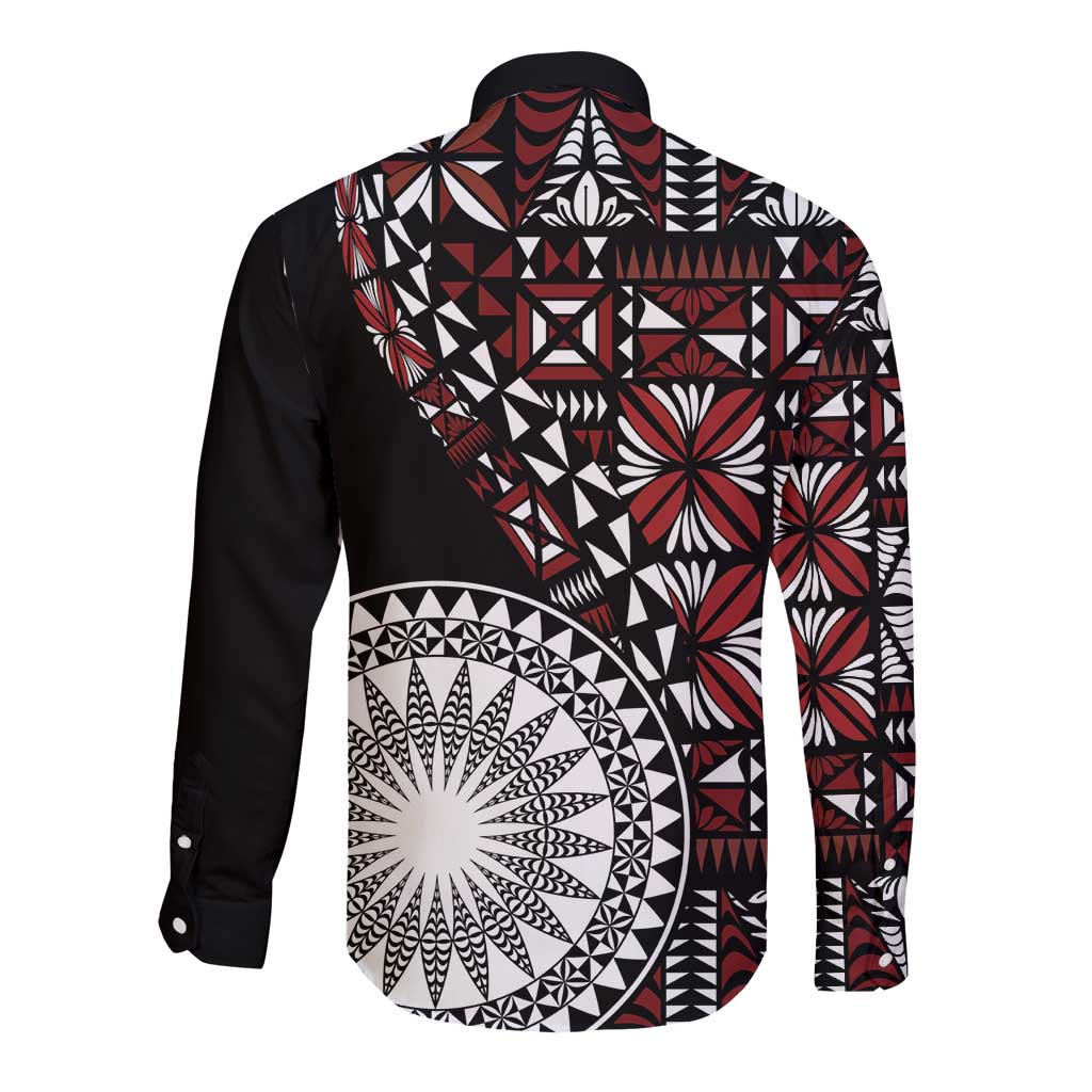 Red Tongan Ngatu Fonulei Pattern Long Sleeve Button Shirt