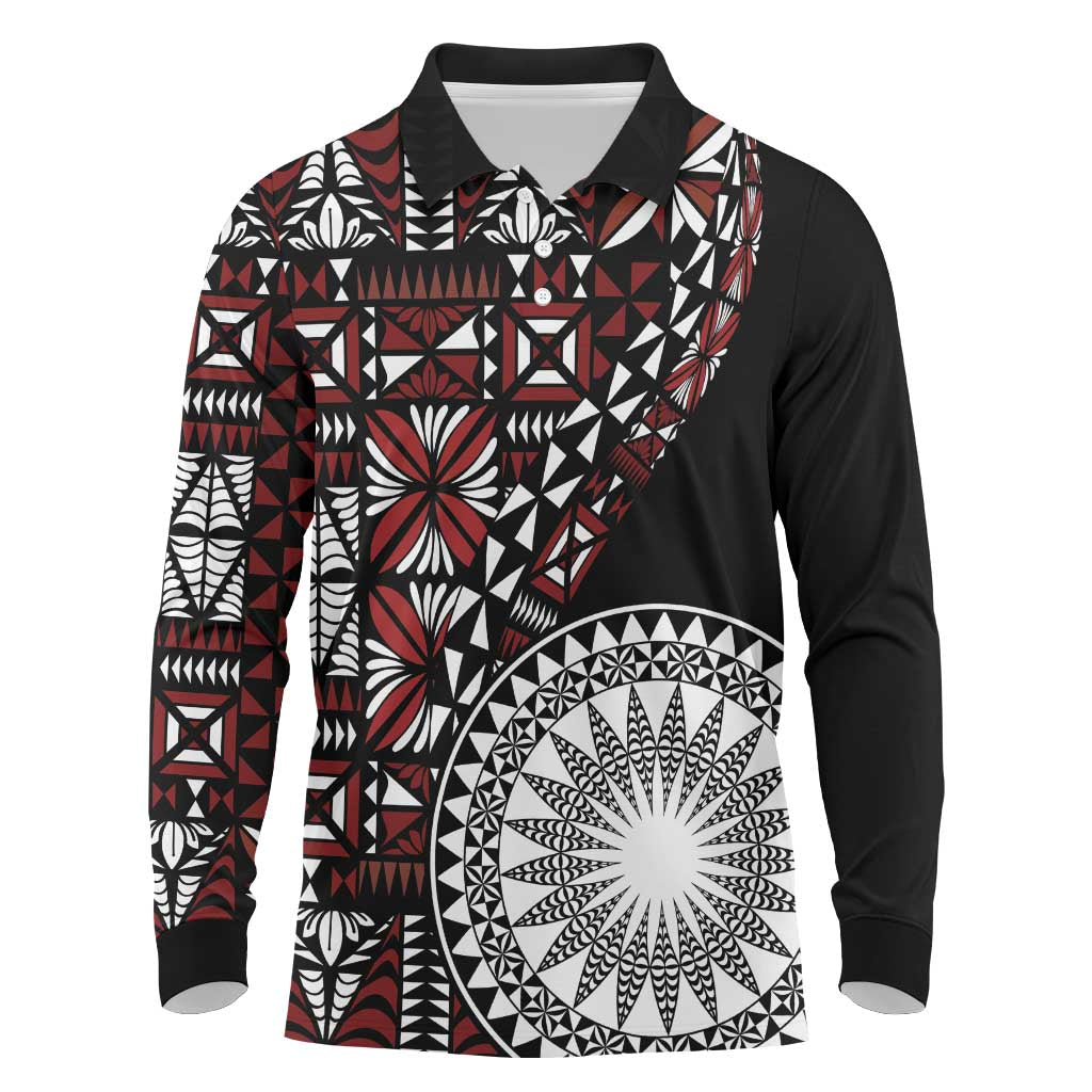 Red Tongan Ngatu Fonulei Pattern Long Sleeve Polo Shirt