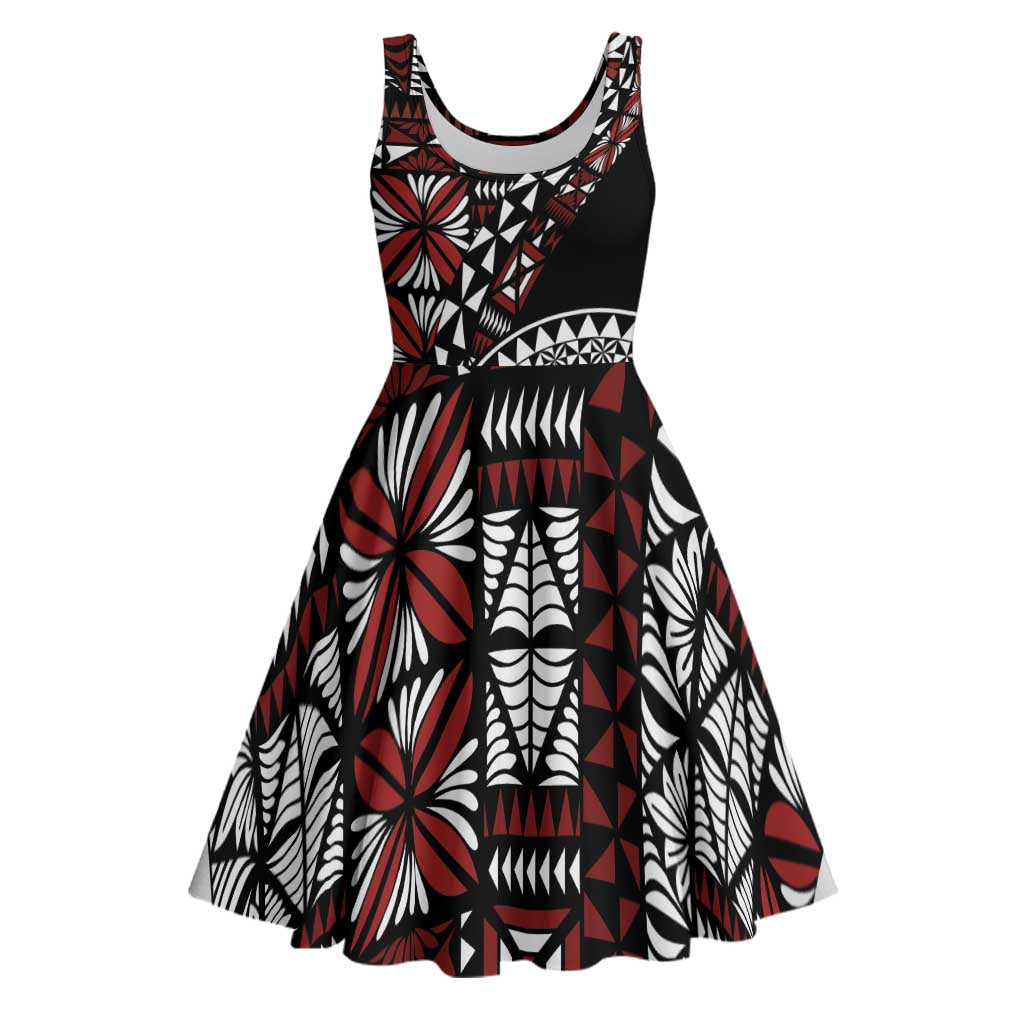 Red Tongan Ngatu Fonulei Pattern Midi Dress LT9 Red - Polynesian Pride