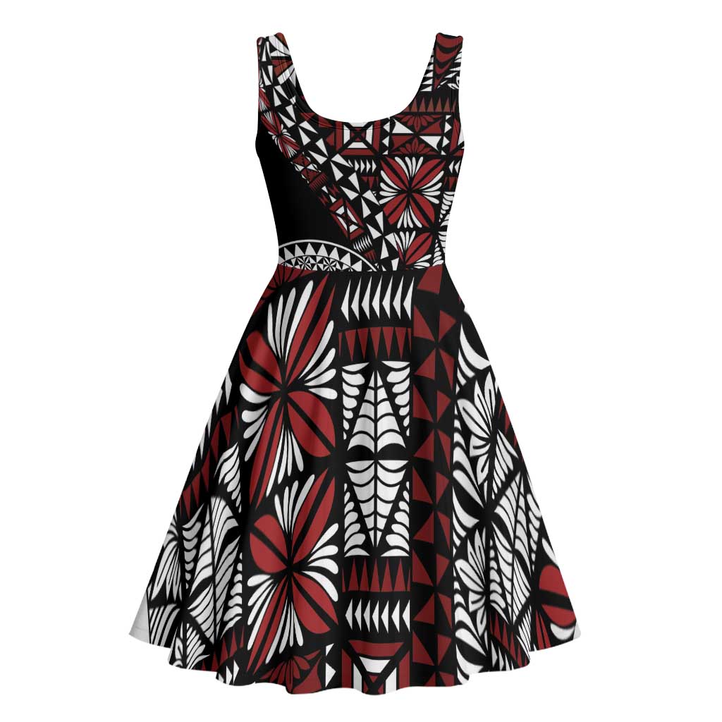 Red Tongan Ngatu Fonulei Pattern Midi Dress LT9 - Polynesian Pride