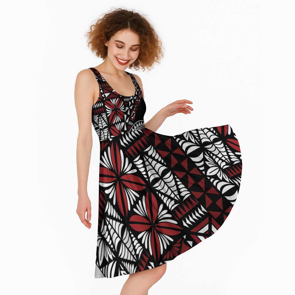 Red Tongan Ngatu Fonulei Pattern Midi Dress LT9 - Polynesian Pride