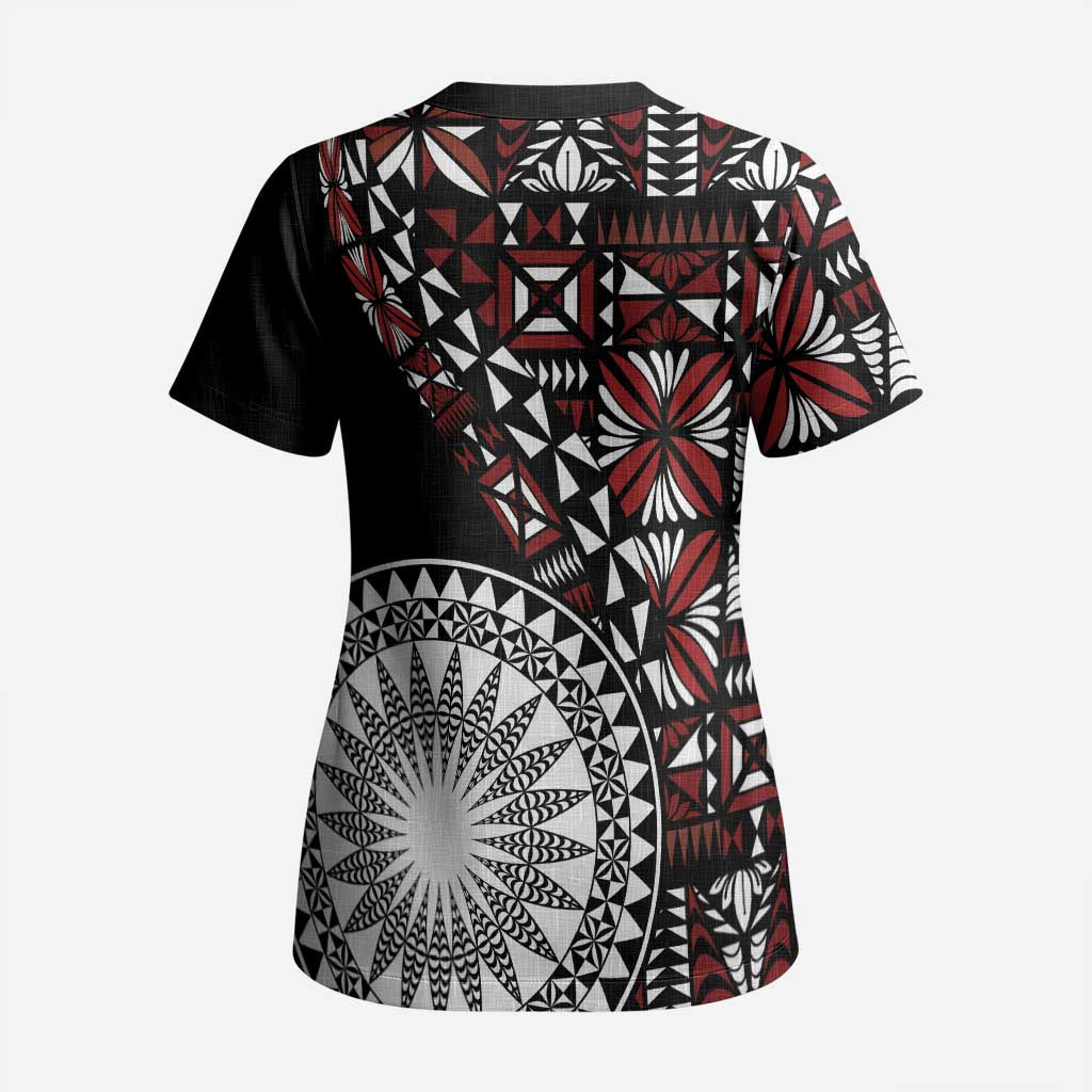 Red Tongan Ngatu Fonulei Pattern Scrub Top - Polynesian Pride
