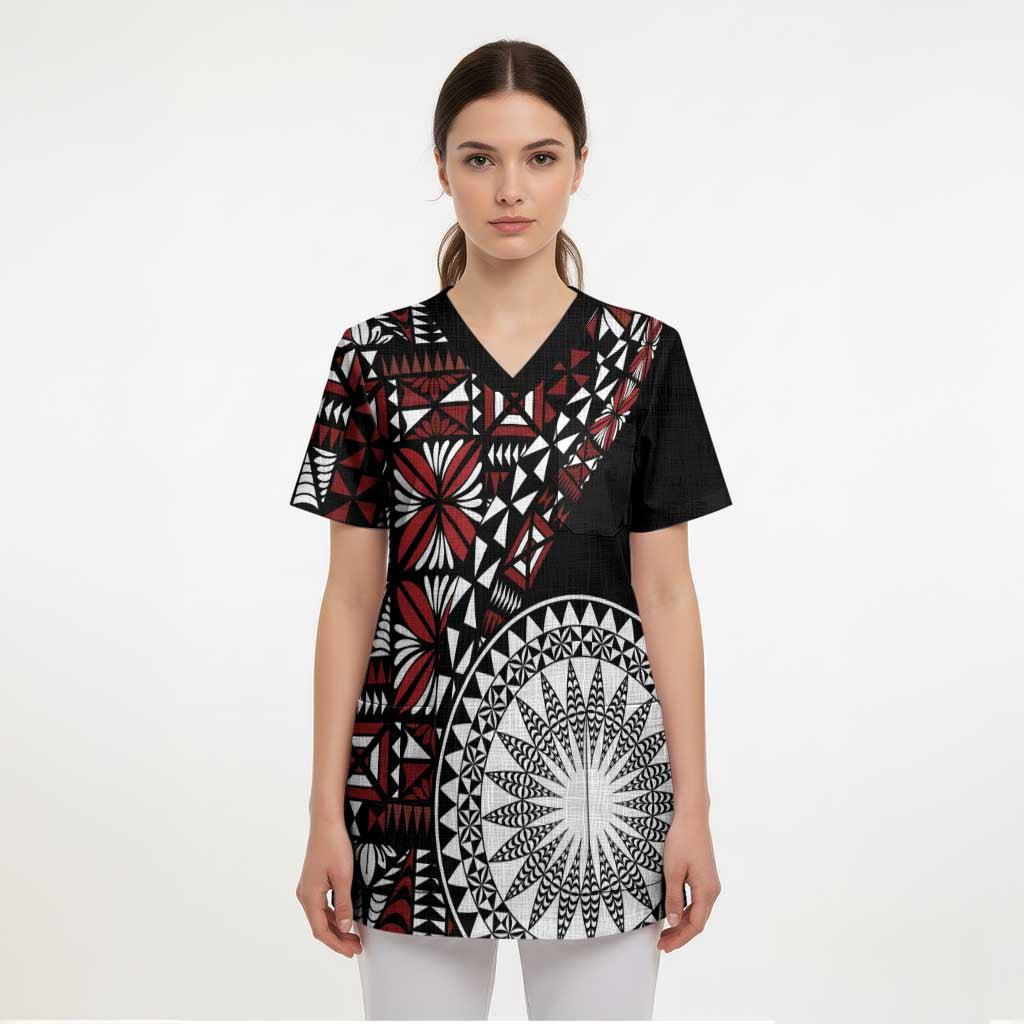 Red Tongan Ngatu Fonulei Pattern Scrub Top - Polynesian Pride
