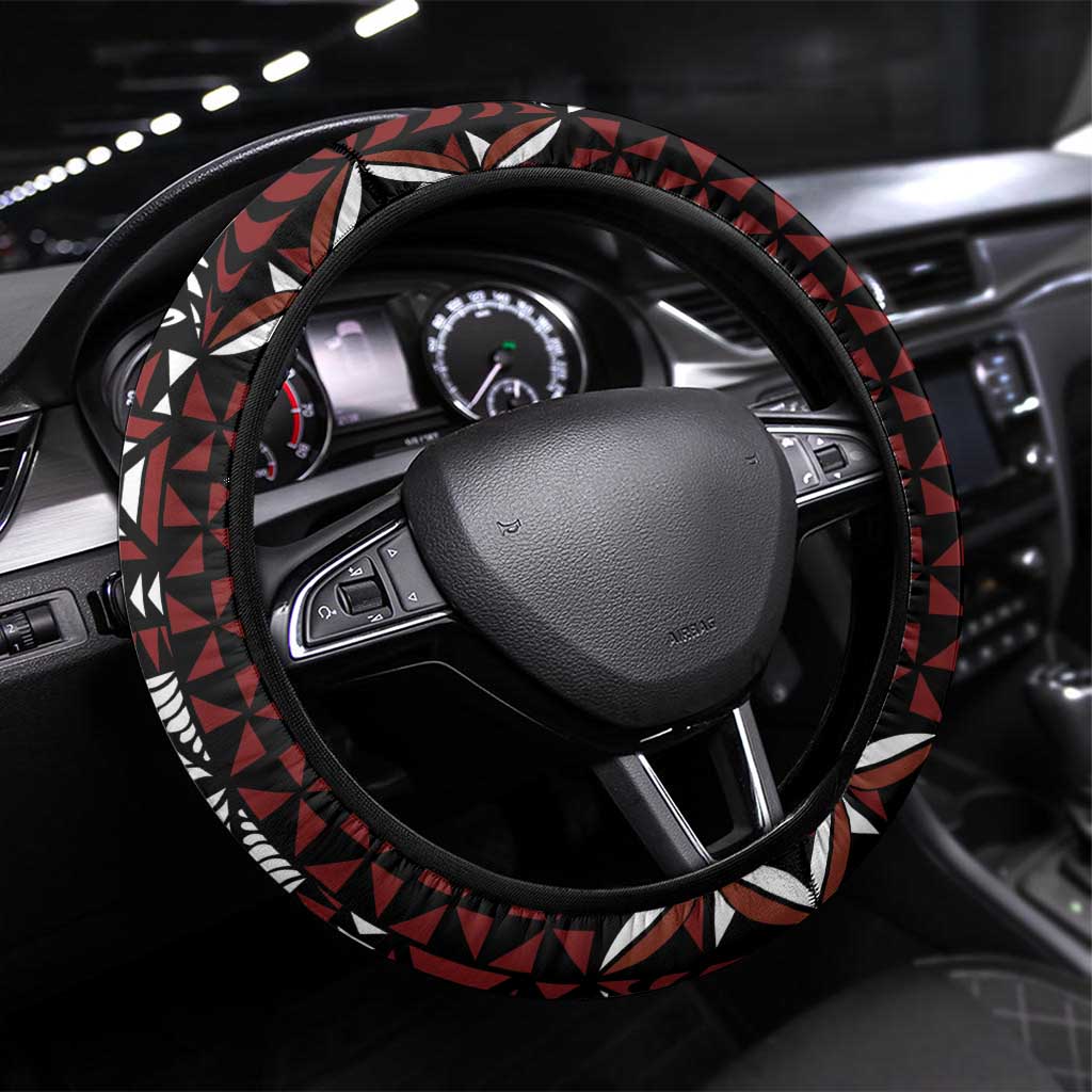 Red Tongan Ngatu Fonulei Pattern Steering Wheel Cover