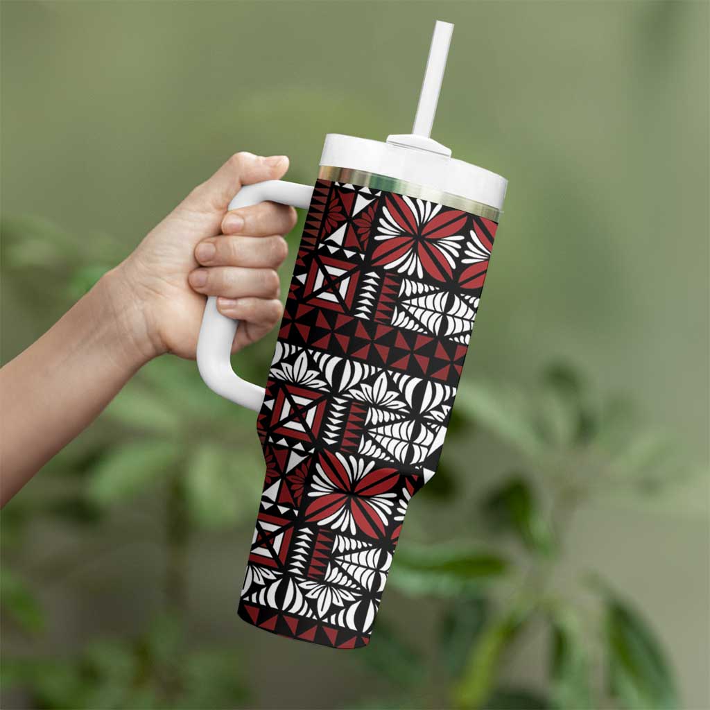 Red Tongan Ngatu Fonulei Pattern Tumbler With Handle