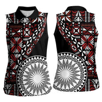 Red Tongan Ngatu Fonulei Pattern Women Sleeveless Polo Shirt