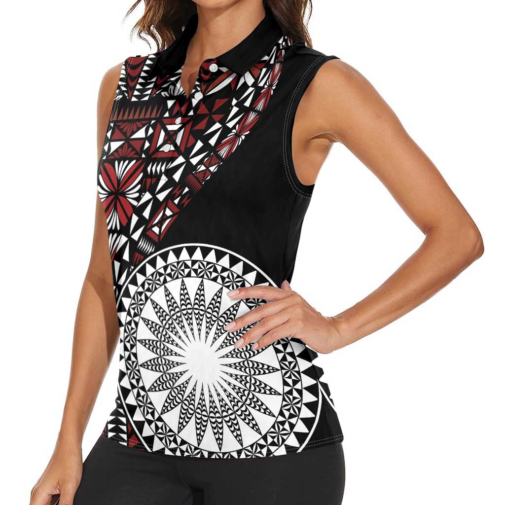 Red Tongan Ngatu Fonulei Pattern Women Sleeveless Polo Shirt
