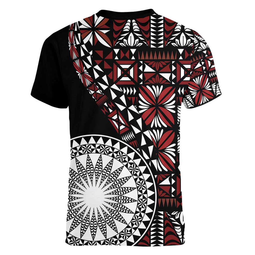 Red Tongan Ngatu Fonulei Pattern Women V-Neck T-Shirt