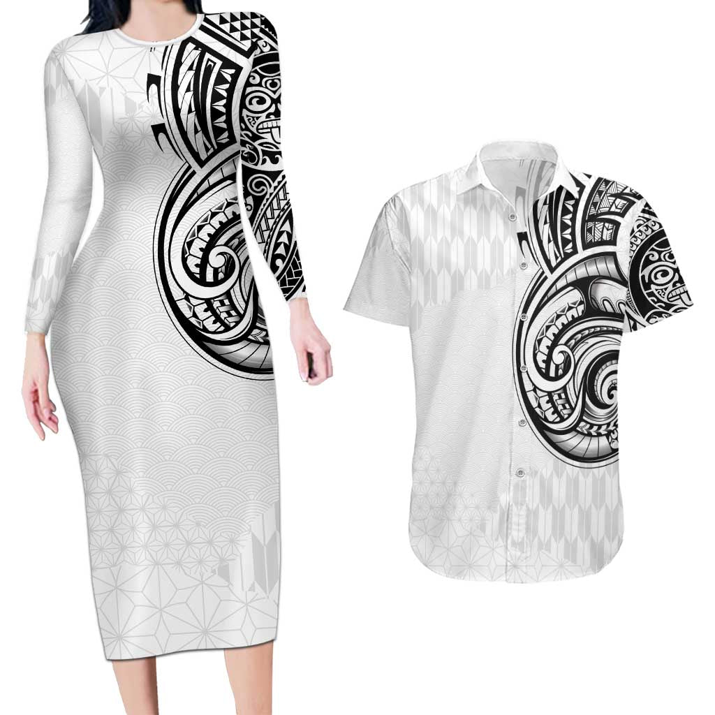 Hawaii and Japanese Culture Personalised Couples Matching Long Sleeve Bodycon Dress and Hawaiian Shirt With Polynesian Tribal Tattoo Style LT9 White - Polynesian Pride