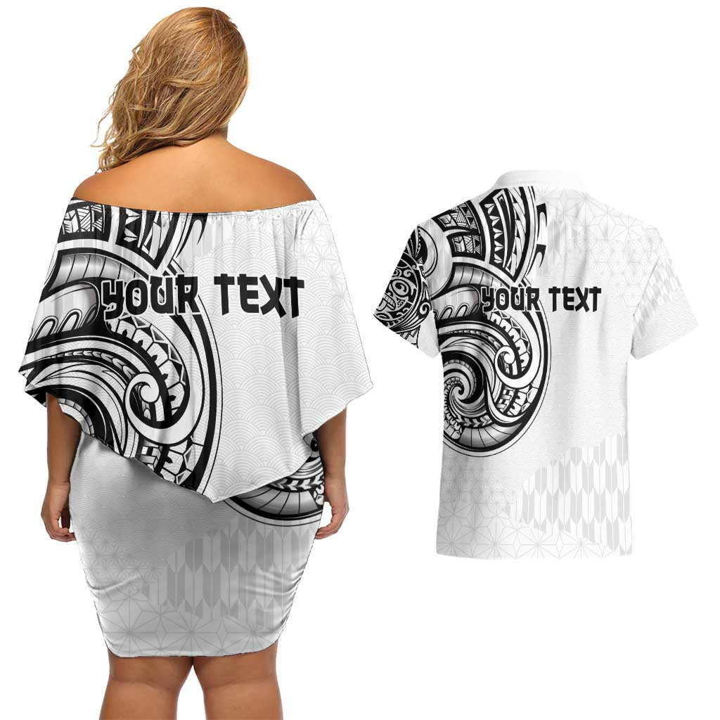 Hawaii and Japanese Culture Personalised Couples Matching Off Shoulder Short Dress and Hawaiian Shirt With Polynesian Tribal Tattoo Style LT9 - Polynesian Pride