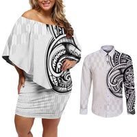Hawaii and Japanese Culture Personalised Couples Matching Off Shoulder Short Dress and Long Sleeve Button Shirt With Polynesian Tribal Tattoo Style LT9 White - Polynesian Pride