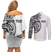Hawaii and Japanese Culture Personalised Couples Matching Off Shoulder Short Dress and Long Sleeve Button Shirt With Polynesian Tribal Tattoo Style LT9 - Polynesian Pride