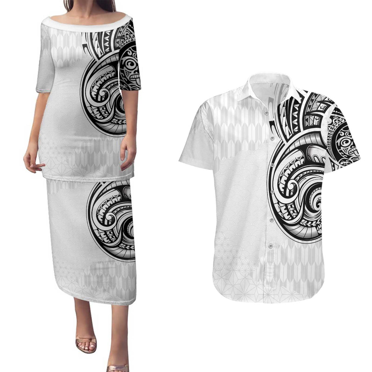 Hawaii and Japanese Culture Personalised Couples Matching Puletasi and Hawaiian Shirt With Polynesian Tribal Tattoo Style LT9 White - Polynesian Pride