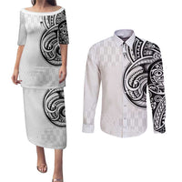 Hawaii and Japanese Culture Personalised Couples Matching Puletasi and Long Sleeve Button Shirt With Polynesian Tribal Tattoo Style