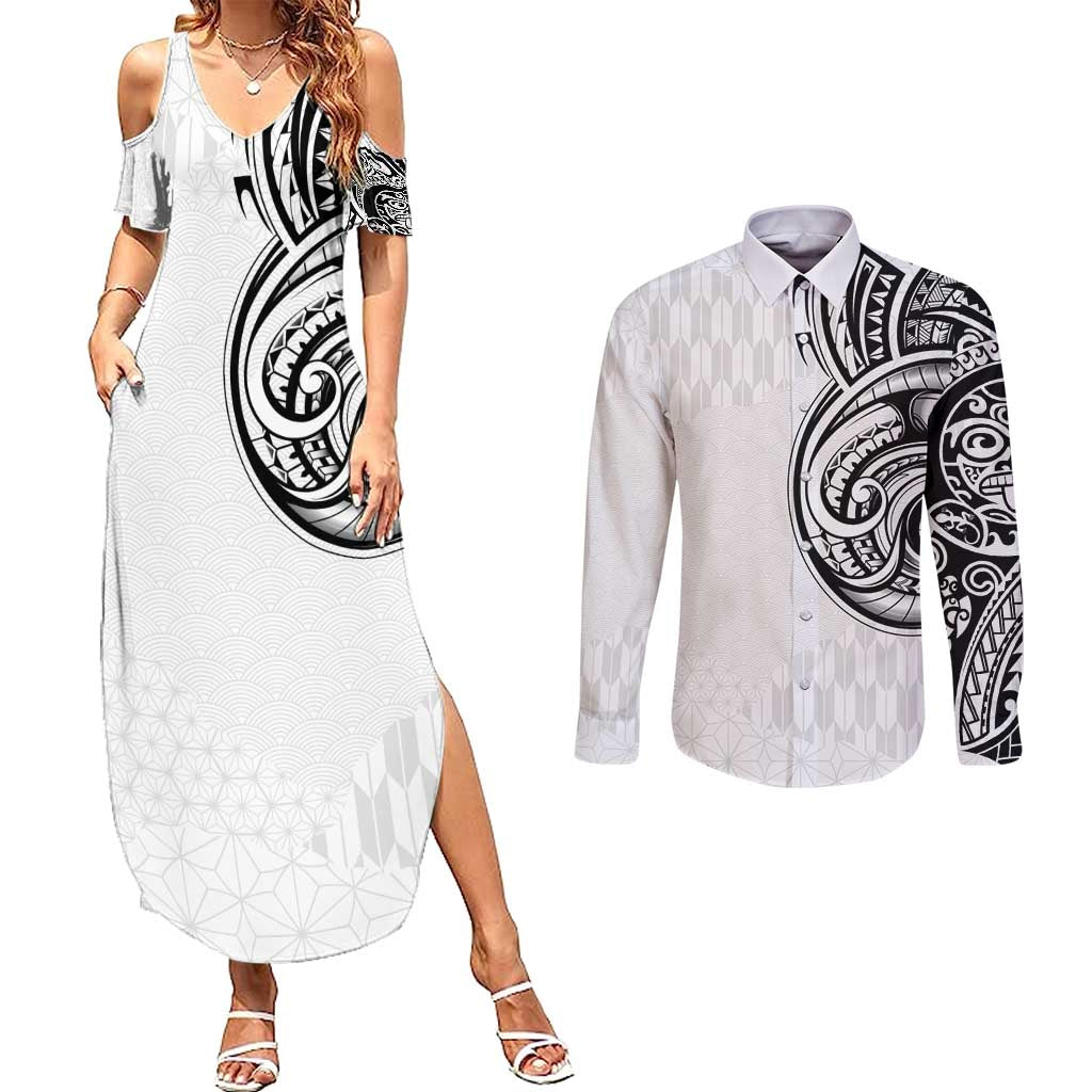 Hawaii and Japanese Culture Personalised Couples Matching Summer Maxi Dress and Long Sleeve Button Shirt With Polynesian Tribal Tattoo Style LT9 White - Polynesian Pride