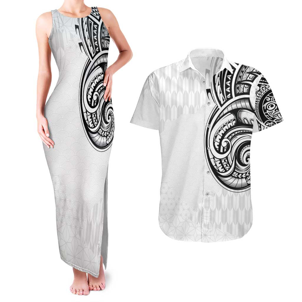 Hawaii and Japanese Culture Personalised Couples Matching Tank Maxi Dress and Hawaiian Shirt With Polynesian Tribal Tattoo Style LT9 White - Polynesian Pride