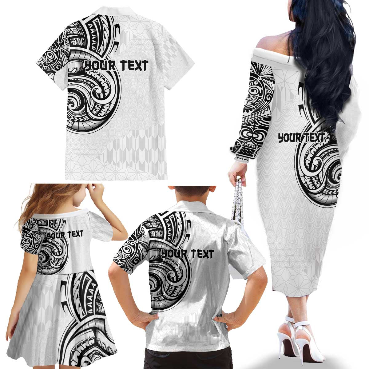 Hawaii and Japanese Culture Personalised Family Matching Off The Shoulder Long Sleeve Dress and Hawaiian Shirt With Polynesian Tribal Tattoo Style LT9 - Polynesian Pride