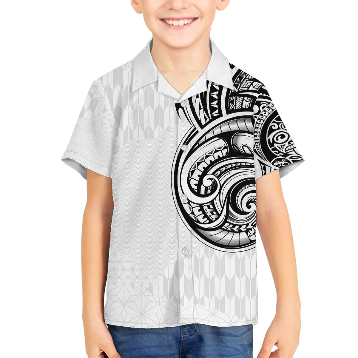 Hawaii and Japanese Culture Personalised Family Matching Off The Shoulder Long Sleeve Dress and Hawaiian Shirt With Polynesian Tribal Tattoo Style LT9 Son's Shirt White - Polynesian Pride