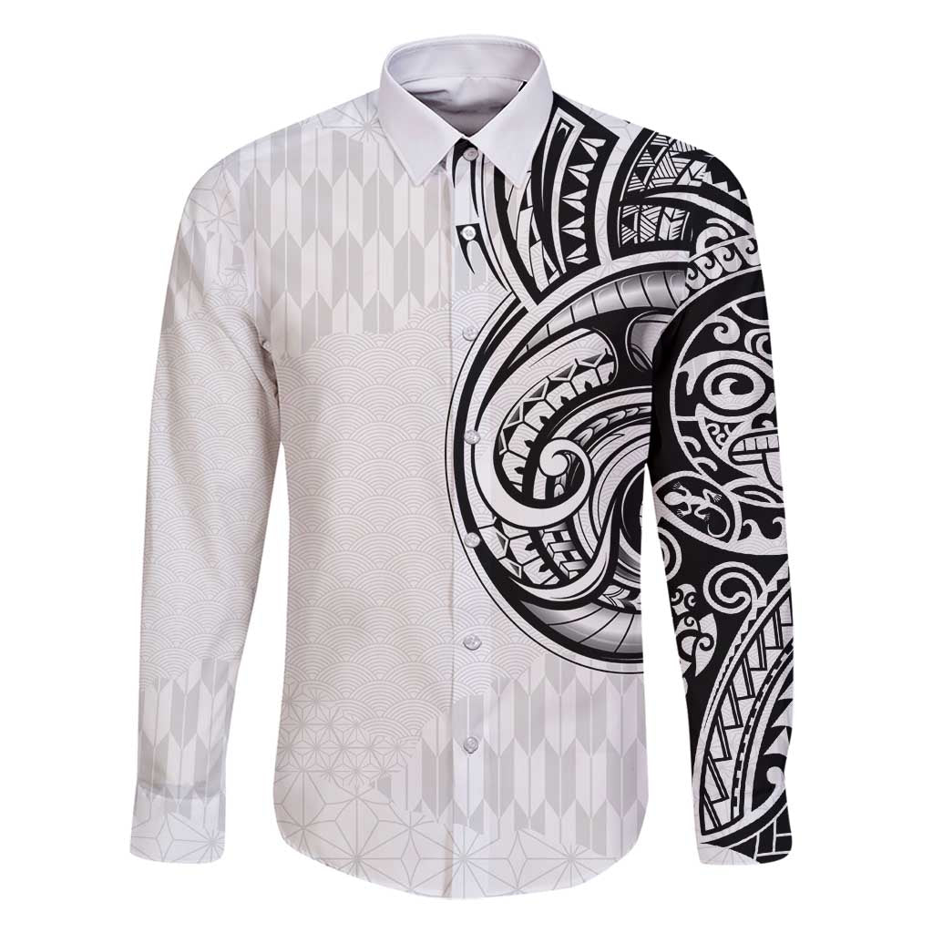 Hawaii and Japanese Culture Personalised Family Matching Off Shoulder Maxi Dress and Hawaiian Shirt With Polynesian Tribal Tattoo Style LT9 Dad's Shirt - Long Sleeve White - Polynesian Pride