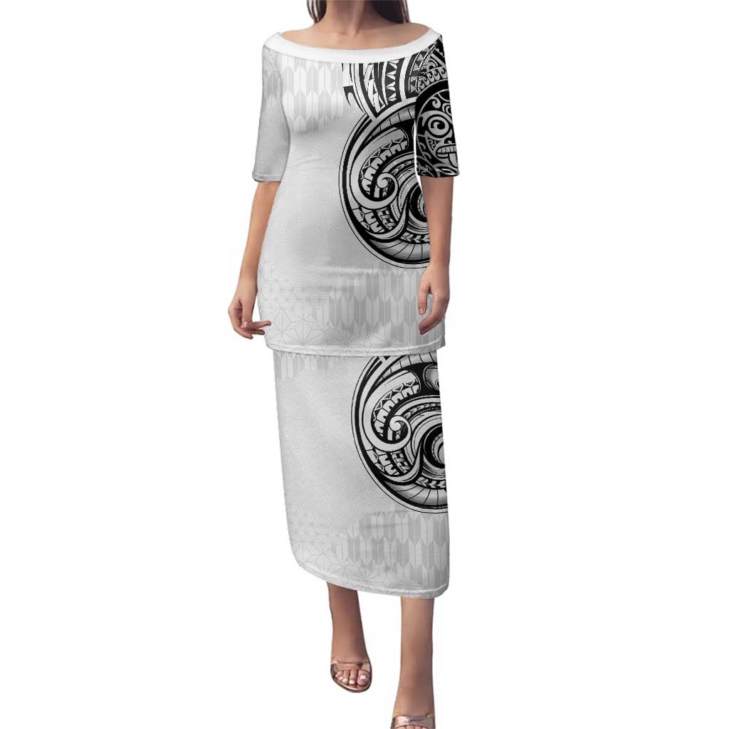Hawaii and Japanese Culture Personalised Family Matching Puletasi and Hawaiian Shirt With Polynesian Tribal Tattoo Style LT9 Mom's Dress White - Polynesian Pride