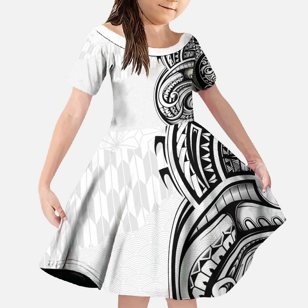 Hawaii and Japanese Culture Personalised Family Matching Summer Maxi Dress and Hawaiian Shirt With Polynesian Tribal Tattoo Style LT9 Daughter's Dress White - Polynesian Pride
