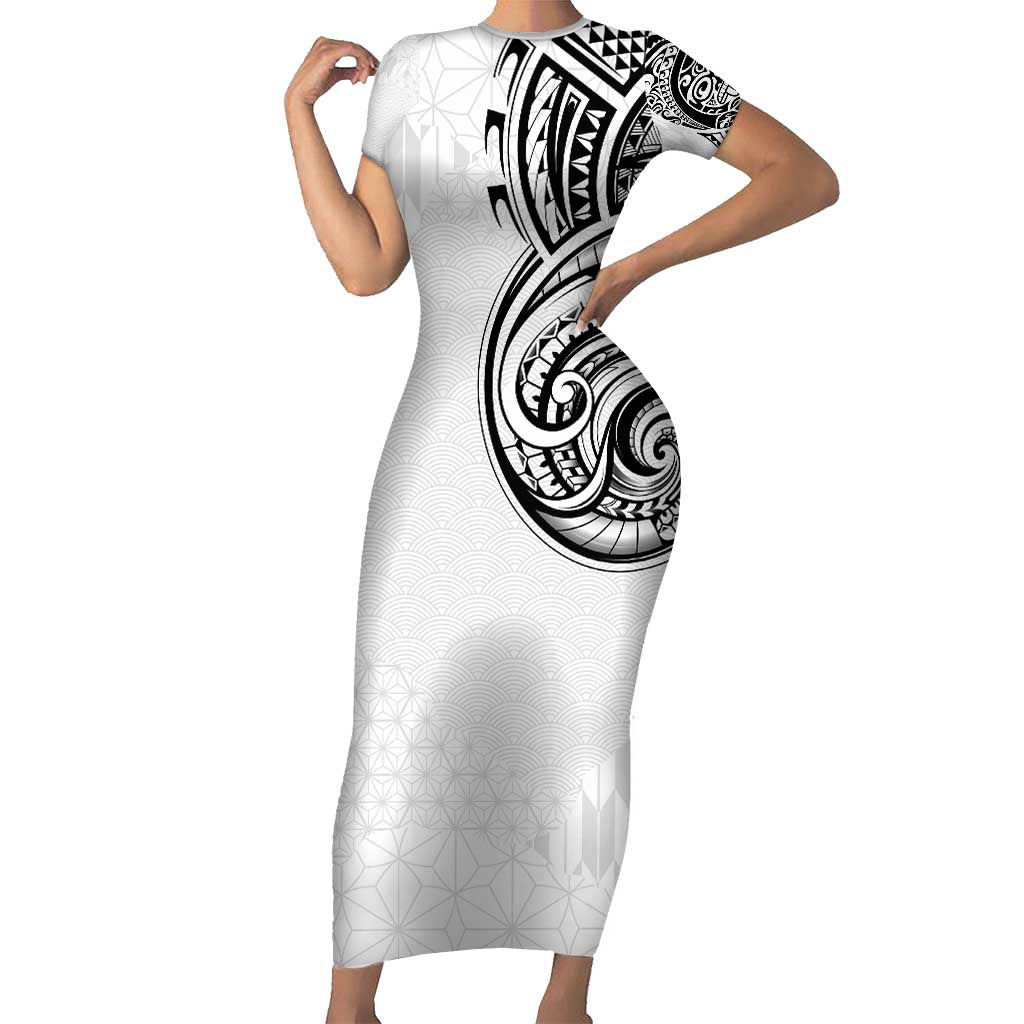 Hawaii and Japanese Culture Personalised Short Sleeve Bodycon Dress With Polynesian Tribal Tattoo Style LT9 Long Dress White - Polynesian Pride
