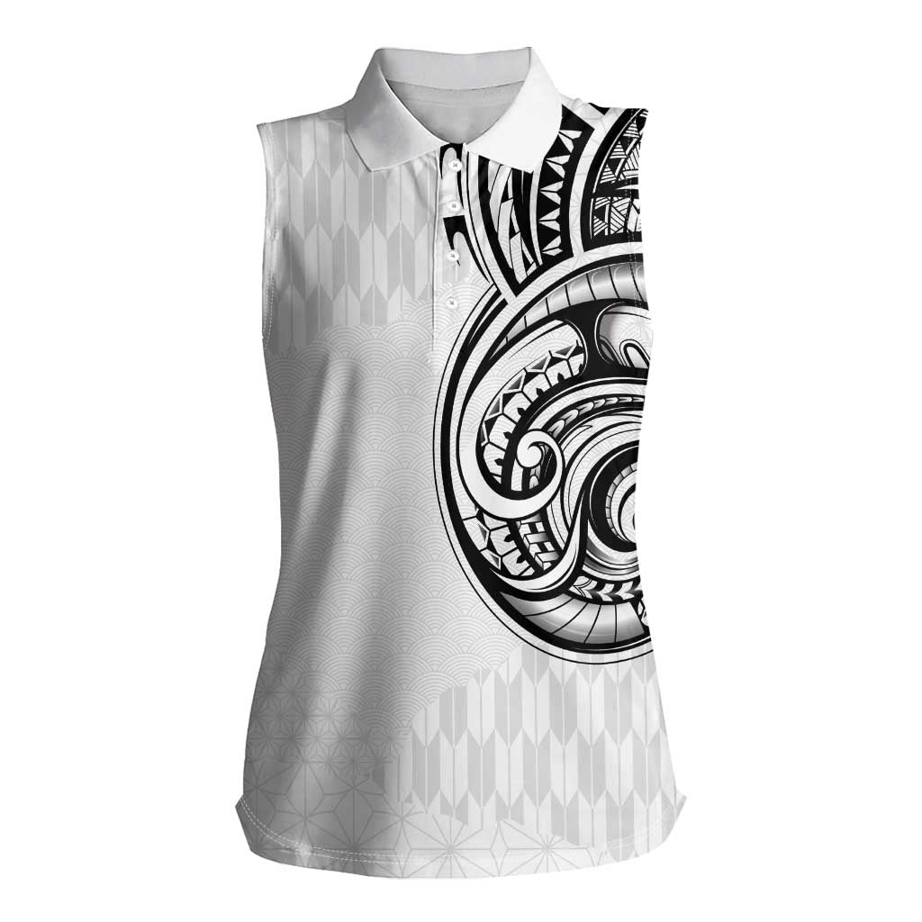 Hawaii and Japanese Culture Personalised Women Sleeveless Polo Shirt With Polynesian Tribal Tattoo Style LT9 Female White - Polynesian Pride