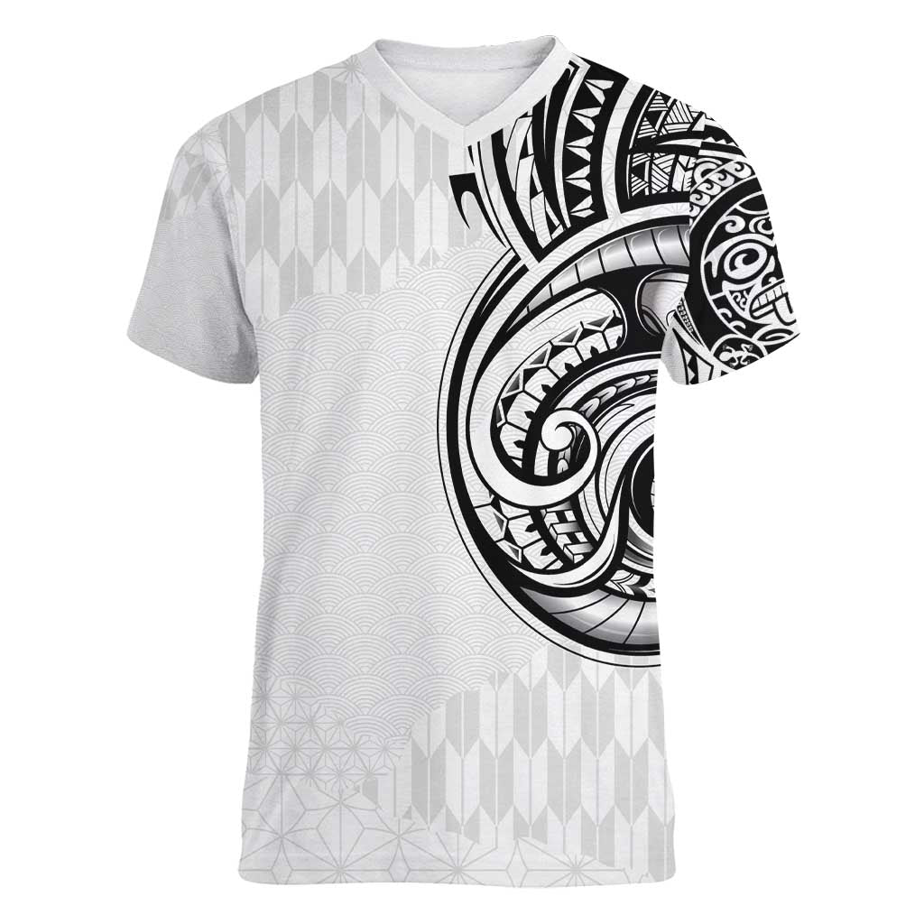 Hawaii and Japanese Culture Personalised Women V-Neck T-Shirt With Polynesian Tribal Tattoo Style