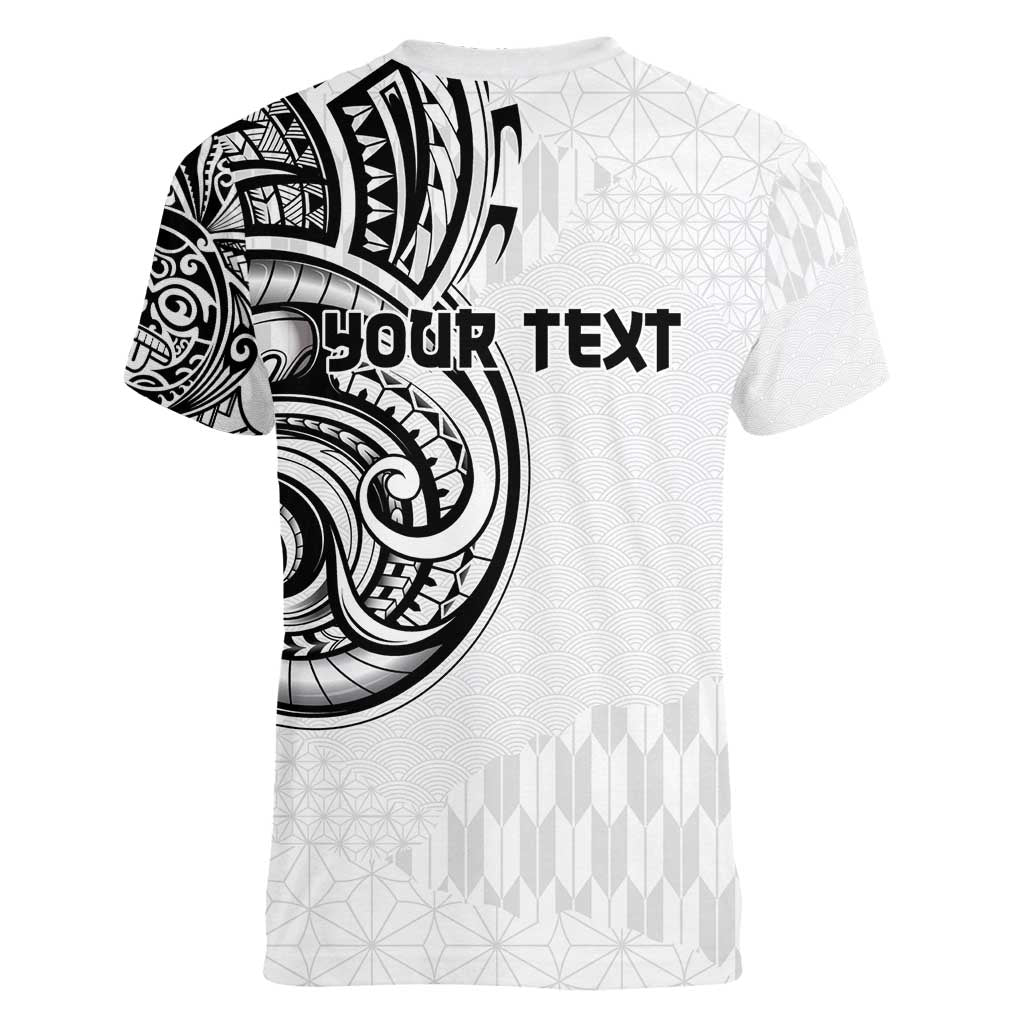 Hawaii and Japanese Culture Personalised Women V-Neck T-Shirt With Polynesian Tribal Tattoo Style