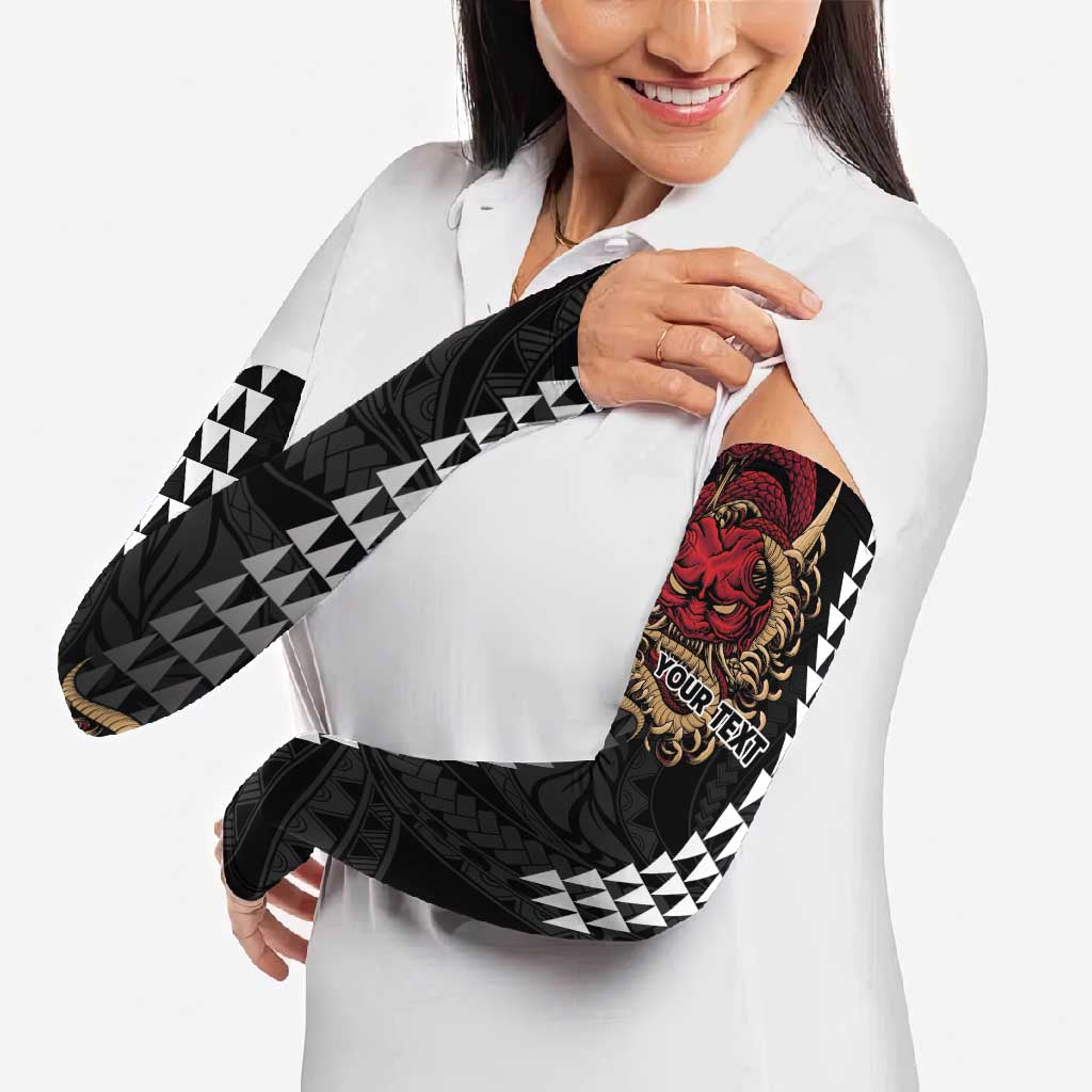 Hawaii and Japanese Oni Mask Personalised Arm Sleeves Kakau Pattern Dark Art Style - Polynesian Pride