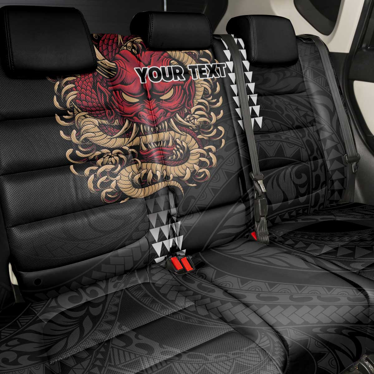 Hawaii and Japanese Oni Mask Personalised Back Car Seat Cover Kakau Pattern Dark Art Style LT9 - Polynesian Pride