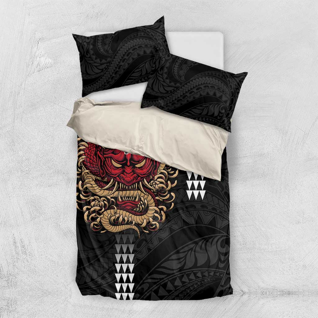 Hawaii and Japanese Oni Mask Personalised Bedding Set Kakau Pattern Dark Art Style
