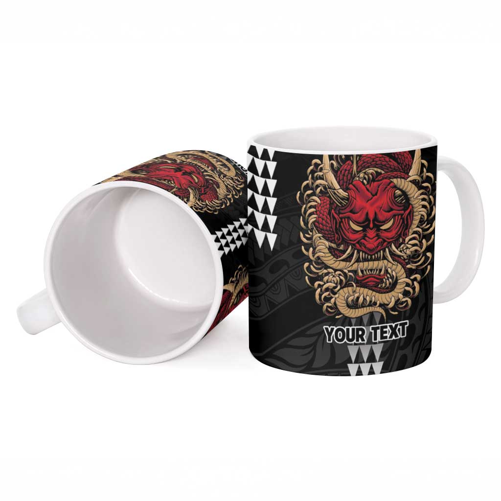Hawaii and Japanese Oni Mask Personalised Ceramic Mug Kakau Pattern Dark Art Style - Polynesian Pride