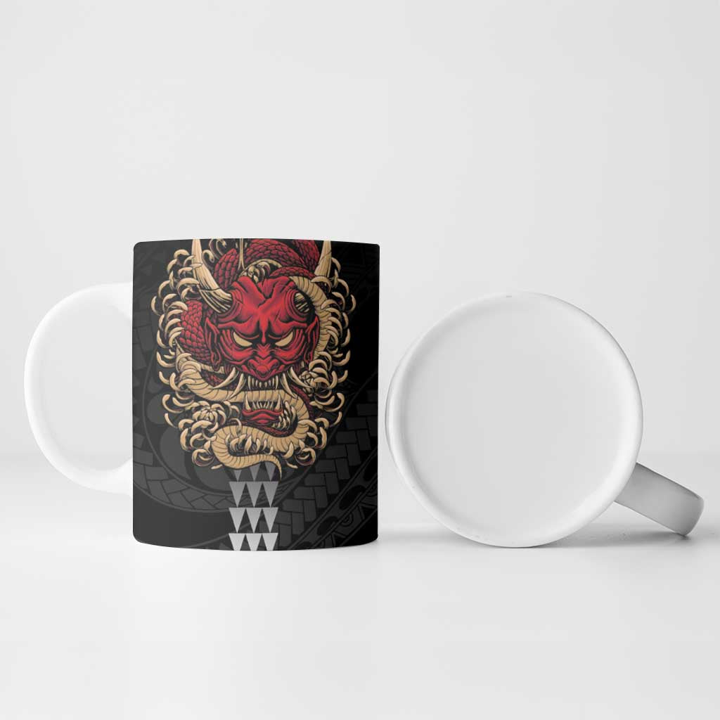 Hawaii and Japanese Oni Mask Personalised Ceramic Mug Kakau Pattern Dark Art Style - Polynesian Pride