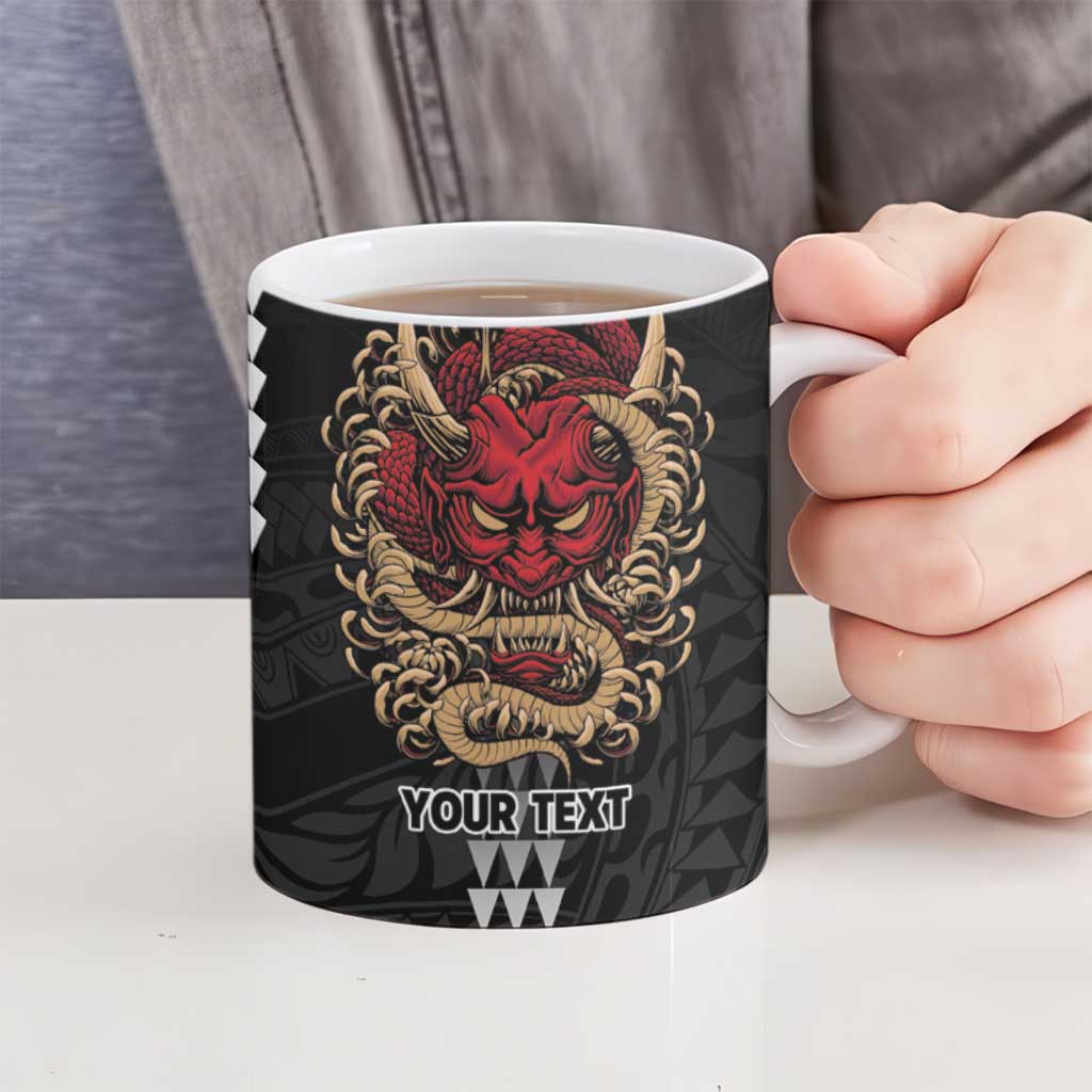Hawaii and Japanese Oni Mask Personalised Ceramic Mug Kakau Pattern Dark Art Style - Polynesian Pride