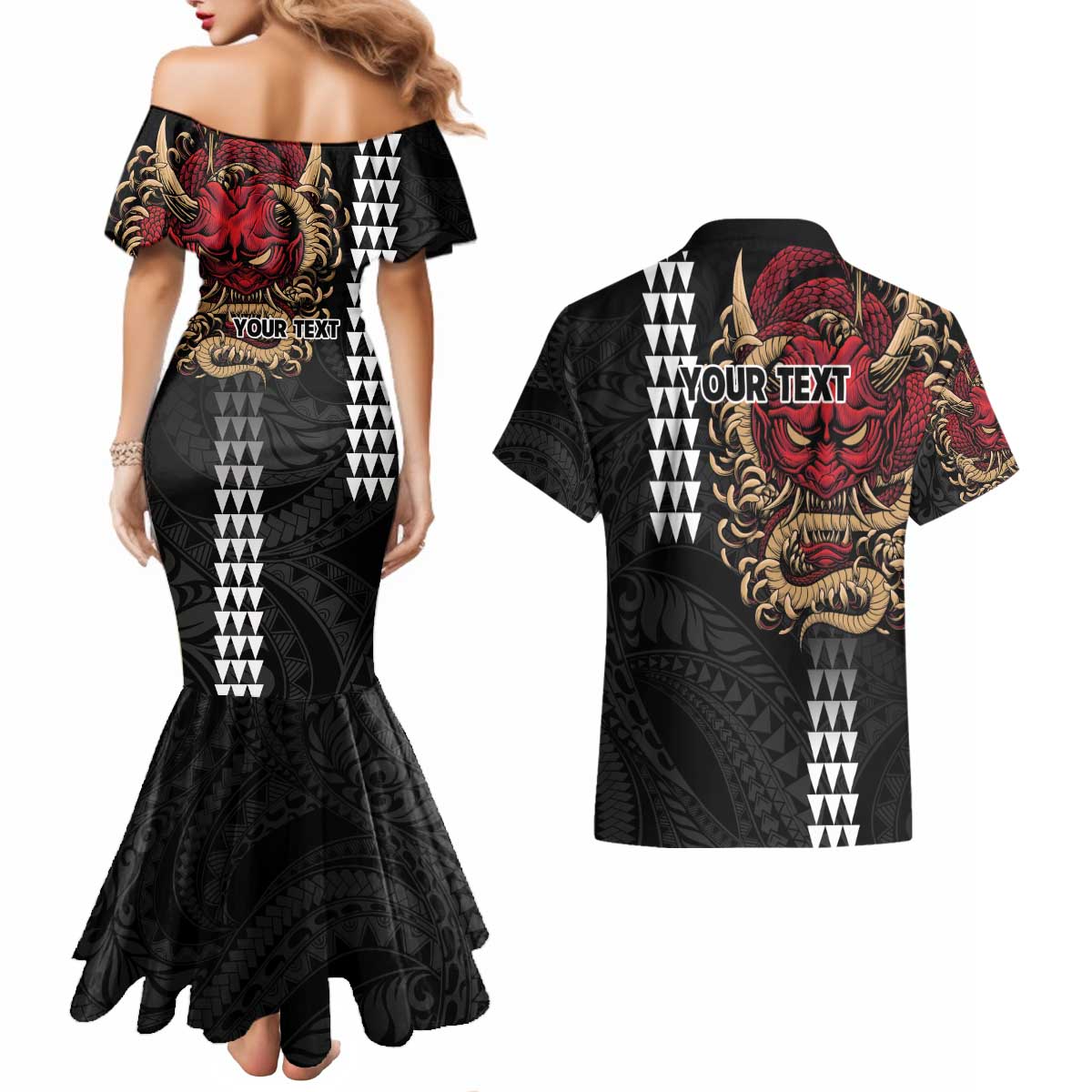 Hawaii and Japanese Oni Mask Personalised Couples Matching Mermaid Dress and Hawaiian Shirt Kakau Pattern Dark Art Style