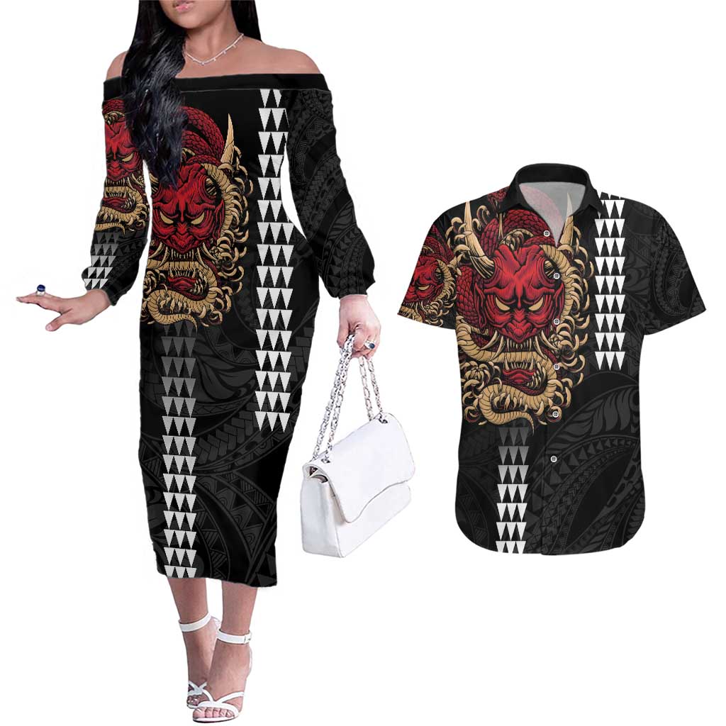 Hawaii and Japanese Oni Mask Personalised Couples Matching Off The Shoulder Long Sleeve Dress and Hawaiian Shirt Kakau Pattern Dark Art Style