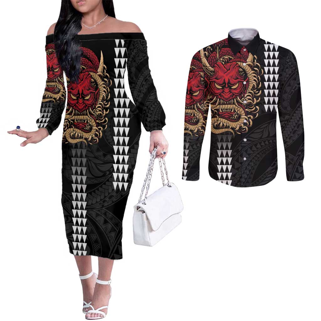 Hawaii and Japanese Oni Mask Personalised Couples Matching Off The Shoulder Long Sleeve Dress and Long Sleeve Button Shirt Kakau Pattern Dark Art Style