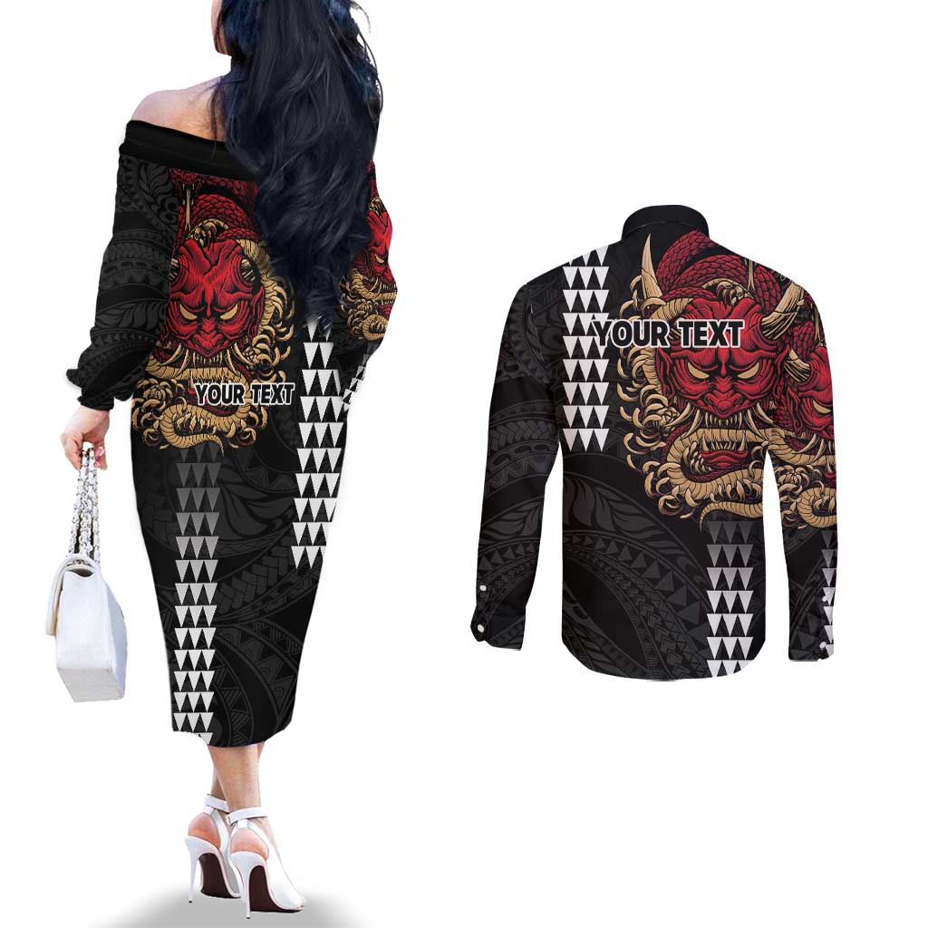Hawaii and Japanese Oni Mask Personalised Couples Matching Off The Shoulder Long Sleeve Dress and Long Sleeve Button Shirt Kakau Pattern Dark Art Style