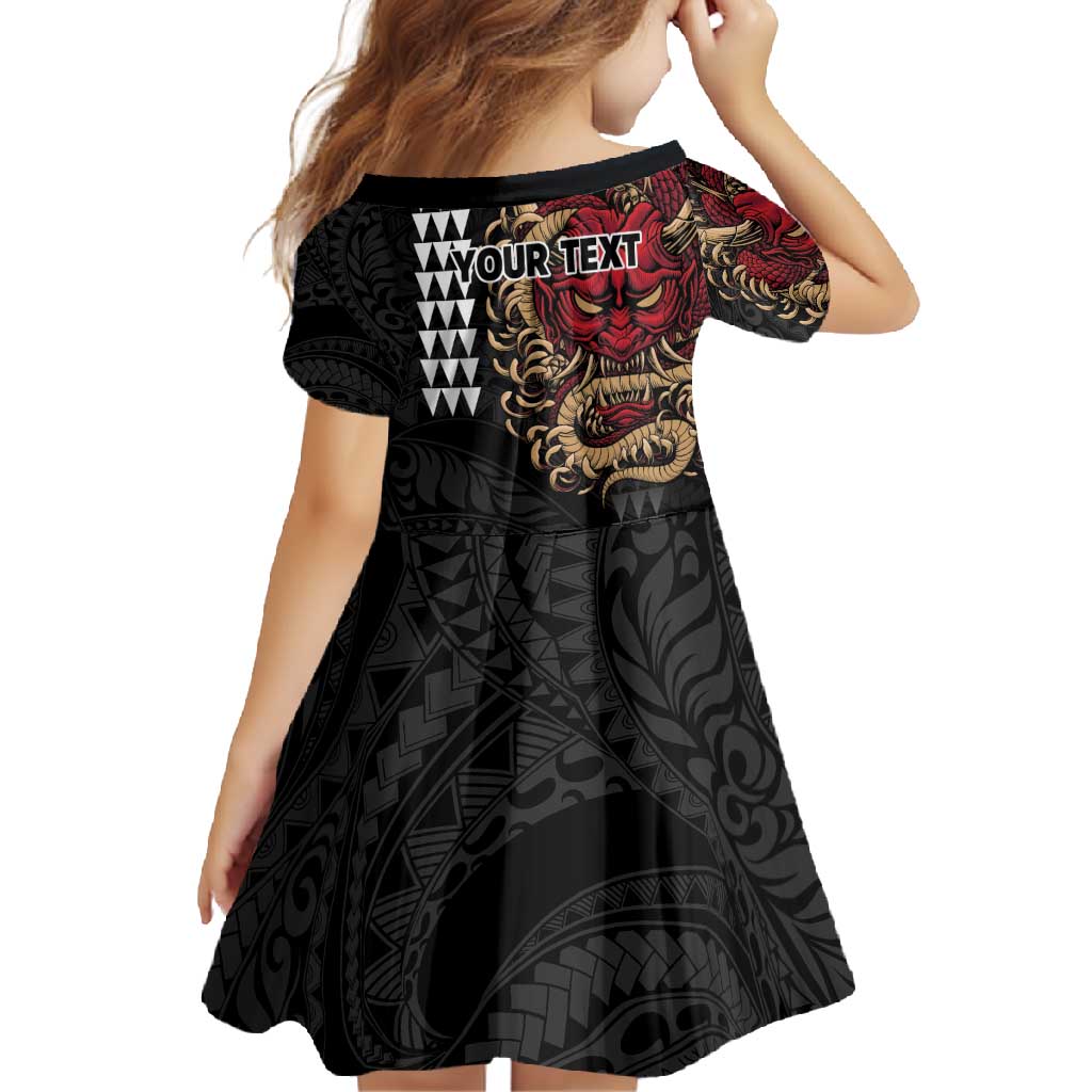 Hawaii and Japanese Oni Mask Personalised Family Matching Long Sleeve Bodycon Dress and Hawaiian Shirt Kakau Pattern Dark Art Style LT9 - Polynesian Pride