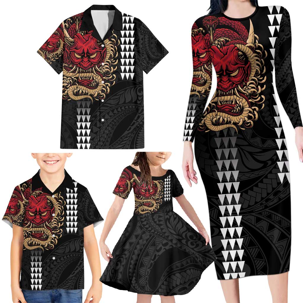 Hawaii and Japanese Oni Mask Personalised Family Matching Long Sleeve Bodycon Dress and Hawaiian Shirt Kakau Pattern Dark Art Style LT9 - Polynesian Pride