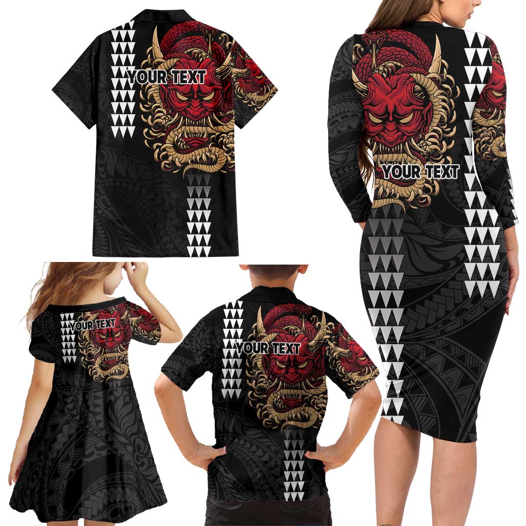 Hawaii and Japanese Oni Mask Personalised Family Matching Long Sleeve Bodycon Dress and Hawaiian Shirt Kakau Pattern Dark Art Style LT9 - Polynesian Pride