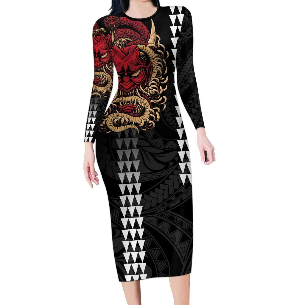 Hawaii and Japanese Oni Mask Personalised Family Matching Long Sleeve Bodycon Dress and Hawaiian Shirt Kakau Pattern Dark Art Style LT9 Mom's Dress Black - Polynesian Pride